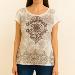 Zenergy Women's Elegant White and Brown Short Sleeve Top